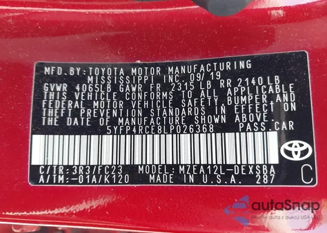 2020 Toyota Corolla Se из США, поврежденный, VIN 5YFP4RCE8LP026368